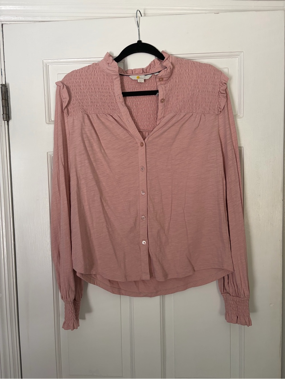 Boden Dusty Rose Ruffled Smocked Yoke Button-Down Blouse